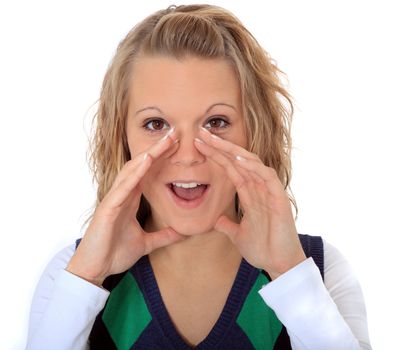 Attractive blonde woman calling someone. All on white background.