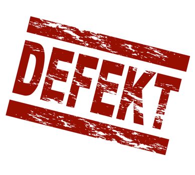 Stylized red stamp showing the german term defekt. English translation: faulty. All on white background