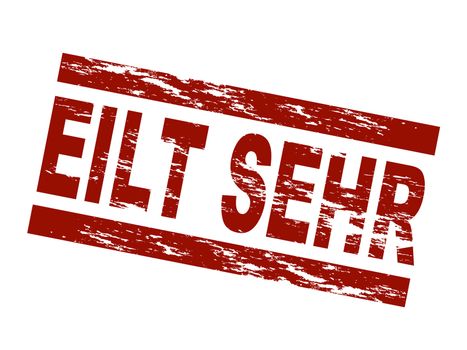 Stylized red stamp showing the german term eilt sehr. English translation: it's urgent. All on white background