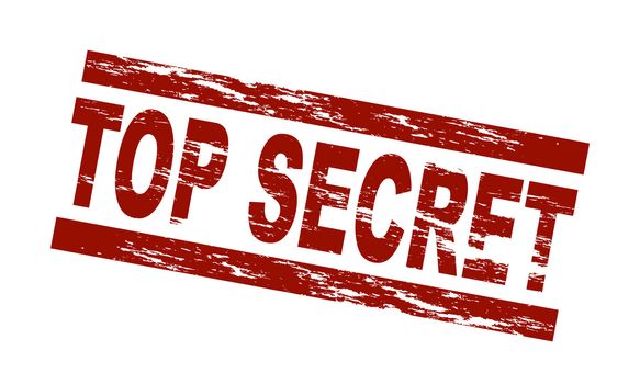 Stylized red stamp showing the term top secret. All on white background.