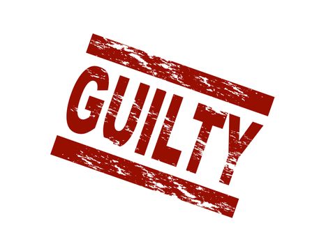 Stylized red stamp showing the term guilty. All on white background.