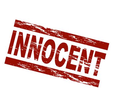 Stylized red stamp showing the term innocent. All on white background.