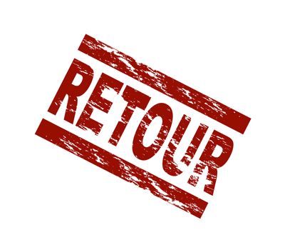 Stylized red stamp showing the term retour. All on white background.