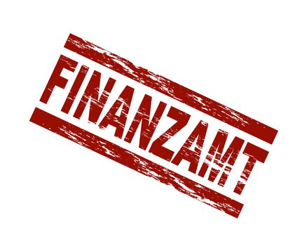 Stylized red stamp showing the german term Finanzamt. English translation: IRS. All on white background