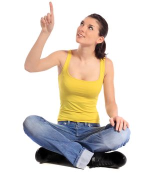 Attractive young woman pointing with finger. All on white background.