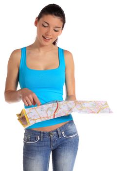 Attractive young woman looking at a map. All on white background.