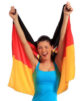 Attractive young woman cheering. All on white background.