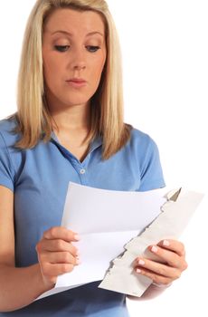 Attractive young woman getting bad news via mail. All on white background.