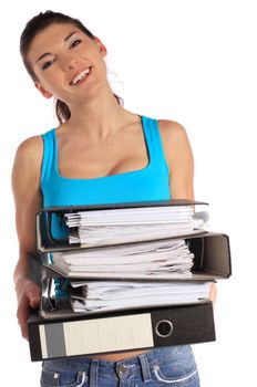 Attractive young woman carrying a pile of files. All on white background.