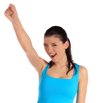 Attractive young woman cheering. All on white background