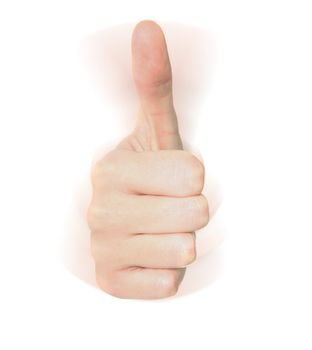 Shaking hand showing thumbs up. All on white background.