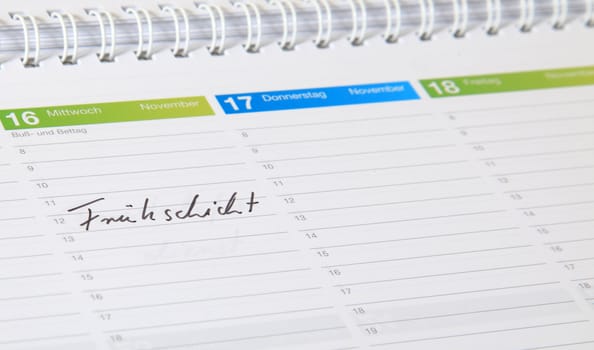 A standard schedule. The german term Frühschicht is marked. (english: early shift)