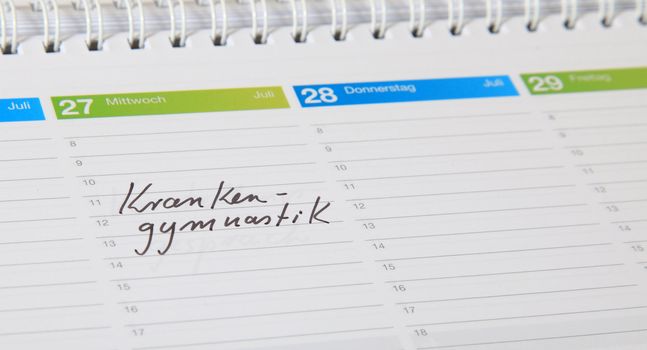 A standard schedule. The german term Krankengymnastik is marked. (english: physiotherapy )