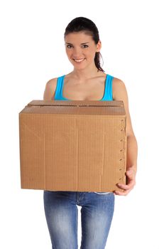 Attractive young woman carrying a moving box. All on white background.