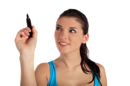 Attractive young woman using a marker. All on white background.