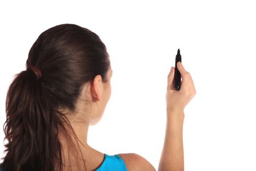 Attractive young woman using a marker. All on white background.