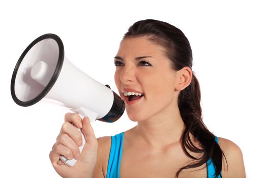 Attractive young woman using a megaphone. All on white background.