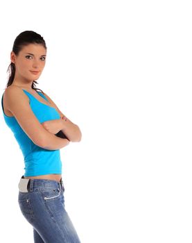 Attractive young woman leans to the side. Extra text space on right side. All on white background.