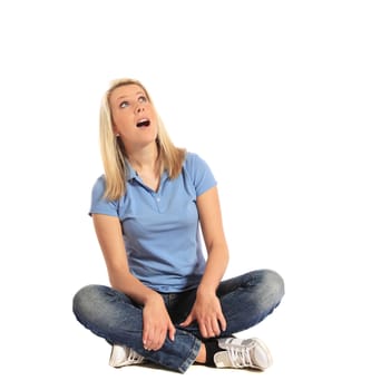 Attractive young woman looking up. All on white background.