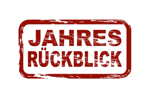 Stylized red stamp showing the german term Jahresrückblick. English translation: end-of-year review. All on white background.