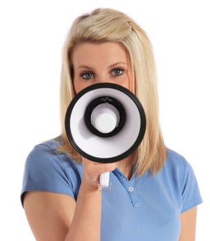 Attractive young woman using a megaphone. All on white background.