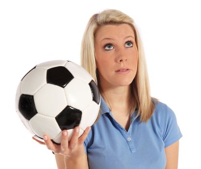Frustrated woman holding soccer ball. All on white background.