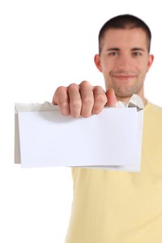 Attractive young man getting good news. Selective focus on hand/letter in foreground. All on white background.