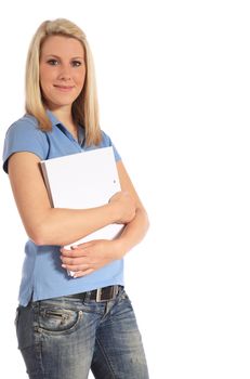 Attractive student holding a folder. All on white background