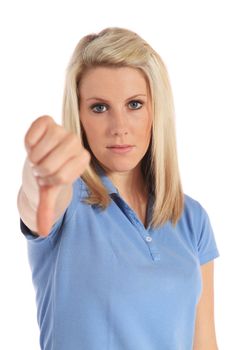 An attractive young woman making negative gesture. All on white background.