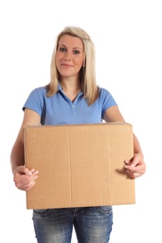 Attractive young woman carrying a moving box. All on white background.