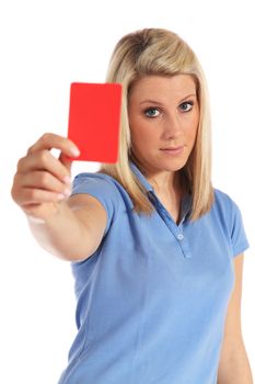 Attractive young woman showing a red card. All on white background.