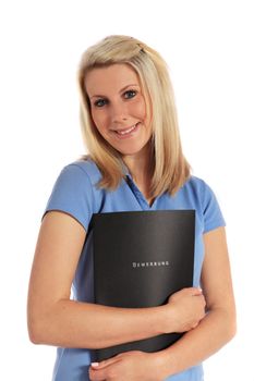 Attractive young woman holding an application file. All on white background. german caption