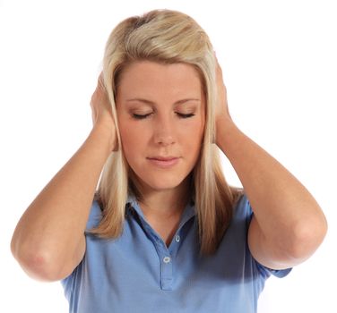 An attractive young woman suffering from tinnitus. All on white background.