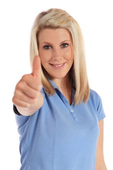 Attractive young woman making positive gesture. All on white background.