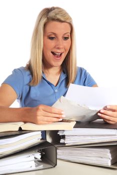 Attractive young student getting good news via mail. All on white background.