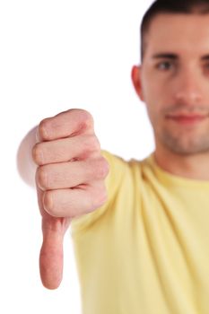 Attractive young man making negative gesture. All on white background.