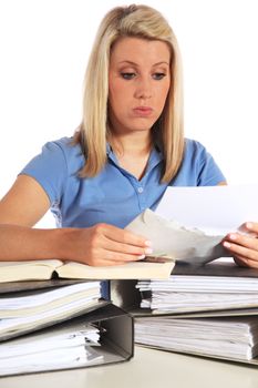 Attractive young student getting bad news via mail. All on white background.