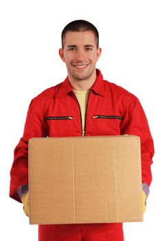 Motivated worker of an moving company in red overall. All on white background.