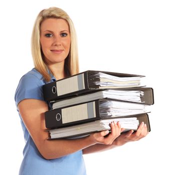 Attractive young woman carrying documents. All on white background.