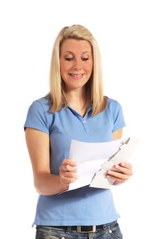 An attractive young woman getting good news via mail. All on white background.