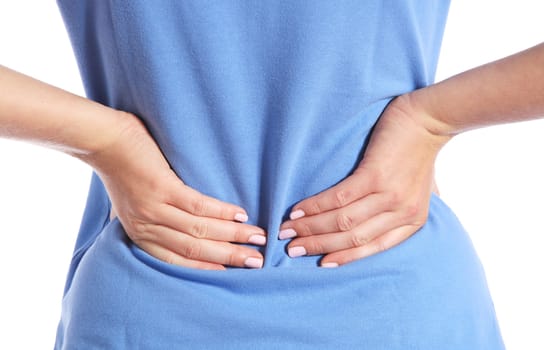 Torso of a female person who suffers from backache. All on white background.