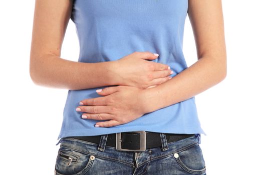 A female person suffering from stomachache. All on white background.