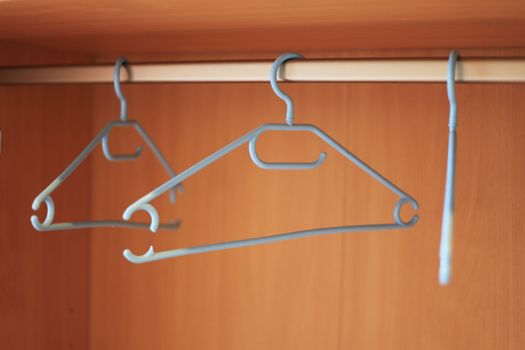 Standard wardrobe with three coathangers in it.