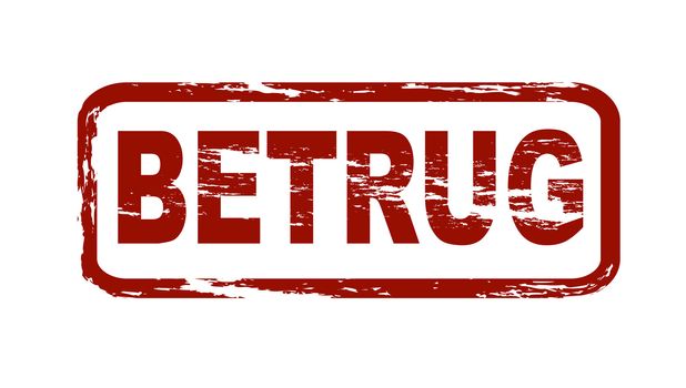 Stylized red stamp showing the german term Betrug. english: fraud. All on white background.