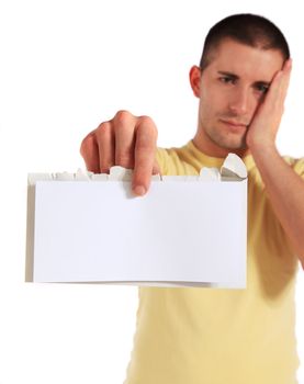 Attractive man getting bad news. All on white background.