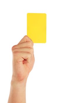 Human hand showing yellow card. All on white background.