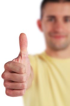 Attractive young man making thumbs up sign. All isolated on white background.