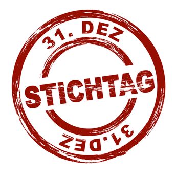 Stylized red stamp shwoing the german term Stichtag 31. Dez. English translation: deadline 31. dec. All on white background.