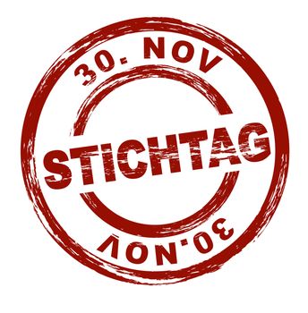 Stylized red stamp showing the german term Stichtag 30. Nov. English translation deadline 30. Nov. All on white background.