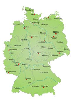 Stylized map of germany showing states, rivers and big cities. City names in german language.